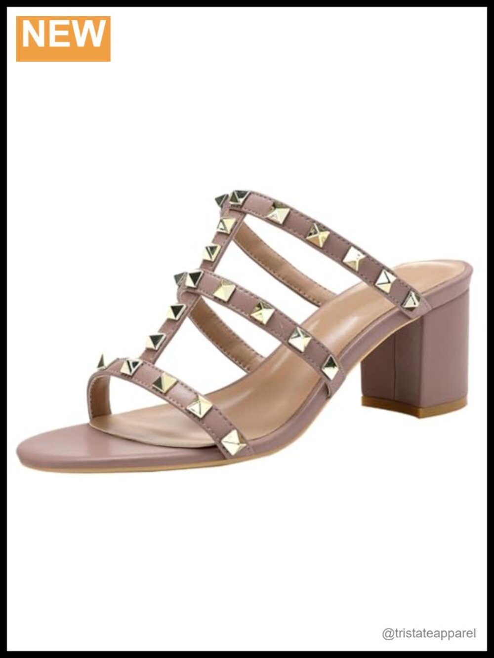 Studded Strappy Chunky High Heels Slingback Open Toe Block Mid Heel Dressy Pumps